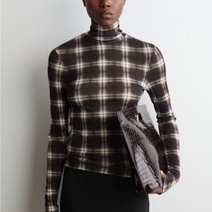 COS. NWT. Merino Wool High Neck Top. Brown and White Check. 100% Wool.